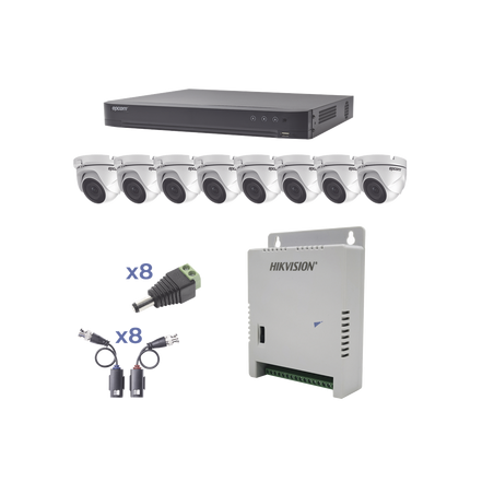 KEVTX8T8EW KIT TurboHD 1080p / DVR 8 Canales / 8 Cámaras Eyeball  / Transceptores / Conectores / Fuente de Poder Profesional