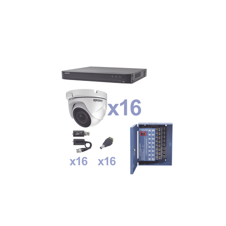 KEVTX8T16EW KIT TurboHD 1080p / DVR 16 Canales / 16 Cámaras Eyeball  / Transceptores / Conectores / Fuente de Poder